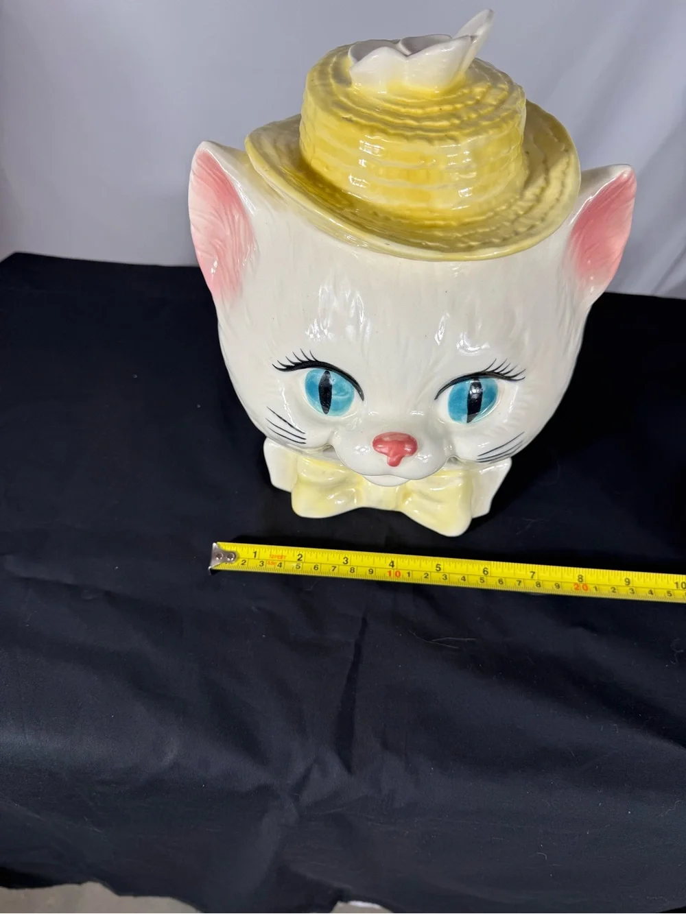 Vintage Metlox Style Cat Cookie Jar Yellow Hat Blue Eyes MCM 1960s Ceramic